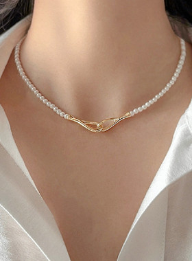 简约精致珍珠女双环对扣项链