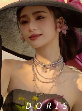 2025新新款灰色珍珠多层叠戴流苏项链 女复古小众高级感镶钻水