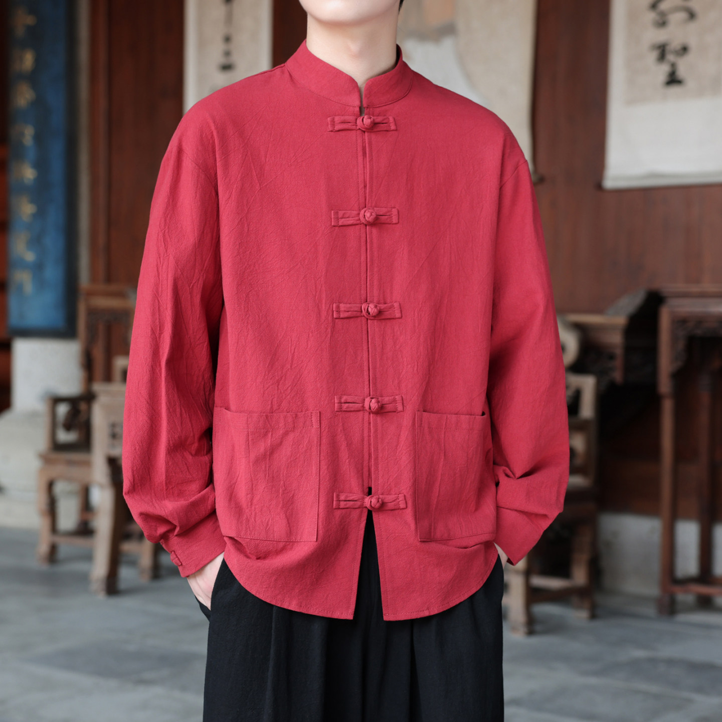 红色长袖衬衫男士复古盘扣唐装潮牌中式大码宽松纯色汉服立领开衫