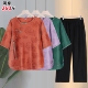 加肥短袖 特大码 国风上衣T恤新中式 中老年人女胖妈妈夏装 洋气套装