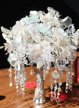 银蓝色手捧花新娘结婚diy礼物婚礼权杖高级婚纱新婚材料手工闺蜜