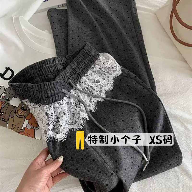 糯米腰韩系休闲裤垂感阔蕾丝感波点搭女拼接高穿裤夏小个子高级腿