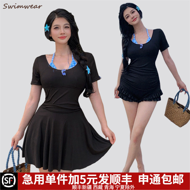 可爱荷叶边连体泳衣女款分体裙式大码胖mm遮肉显瘦泡温泉挂脖短袖