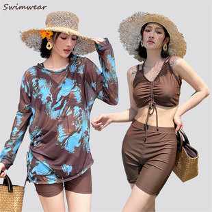 防晒温泉海边分体三件套新款 遮肉显瘦保守泳衣女大码 胖mm200g长袖