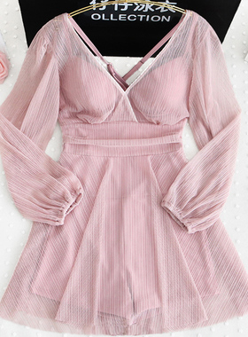 v领大码泳衣女款保守胖mm遮肉显瘦遮副乳钢托聚拢连体高级感温泉