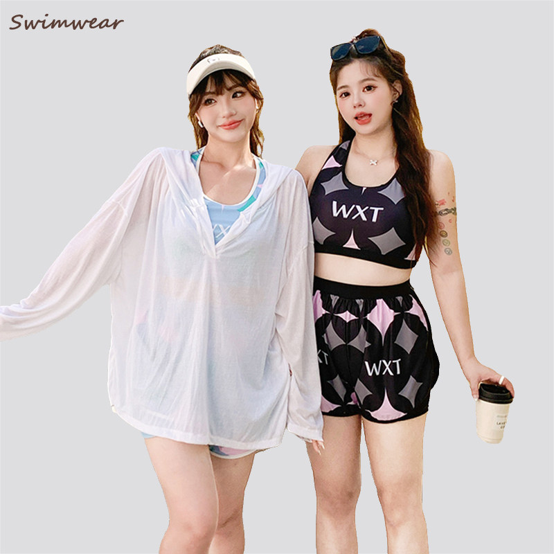 大码胖mm200斤泳衣女ins风保守遮肚分体运动长袖防晒保守遮肚显瘦