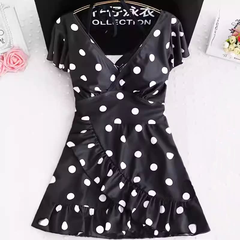 波点复古泳衣女连体胖mm遮肚显瘦大码泡温泉可爱荷叶边保守情侣款