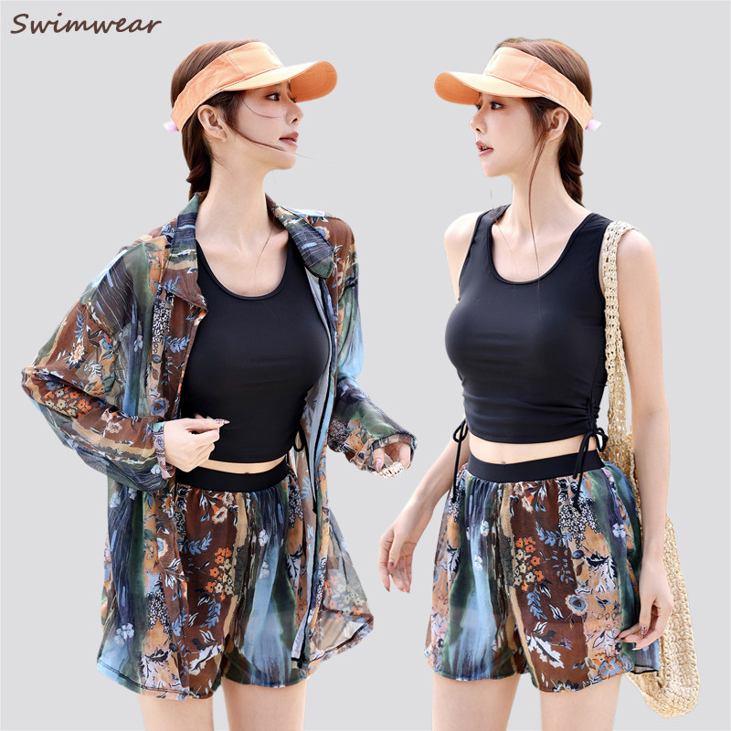 女士分体温泉泳衣三件套长袖沙滩防防晒保守遮肉显瘦运动大码胖mm