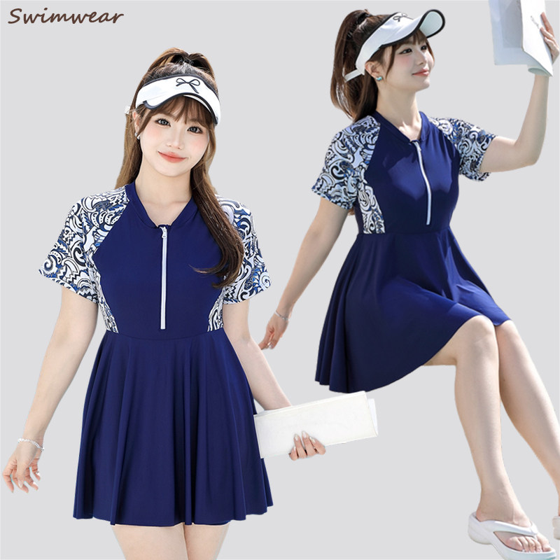胖mm300斤大码保守泳衣女运动温泉遮肉显瘦新款连体裙式短袖速干