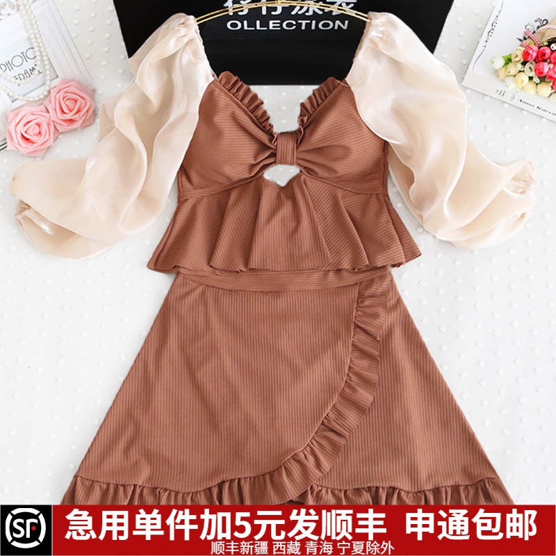 两件套泳衣女泡温泉分体遮肚子显瘦裙式中袖大码胖mm仙气遮肉保守