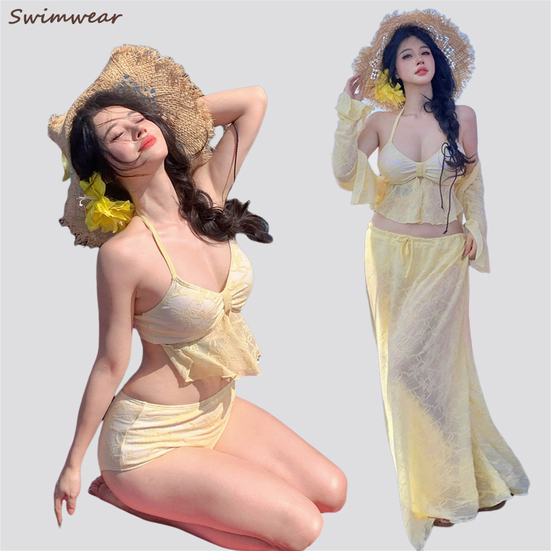 海边度假长裙仙女高级感长袖防晒性感比基尼分体泳衣遮肉显瘦温泉