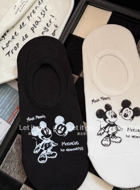 2双装春夏薄款韩系ins可爱卡通涂鸦黑白简约棉质防滑不掉跟船袜女