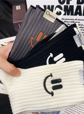 秋薄软糯竖条纹软胶立体笑脸韩版欧货精梳棉网红双针中筒袜潮袜女