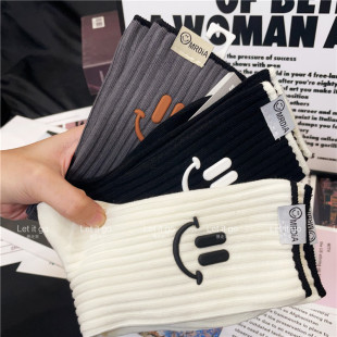 秋薄软糯竖条纹软胶立体笑脸韩版 欧货精梳棉网红双针中筒袜潮袜女