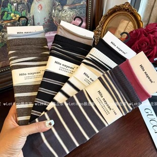 假两件条纹百搭ins风外穿拼色无骨棉质中筒袜女 复古美式 秋季 新品