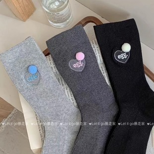 秋欧货设计立体毛球可爱字母韩版 日系ins风灰色针织可爱中筒袜女
