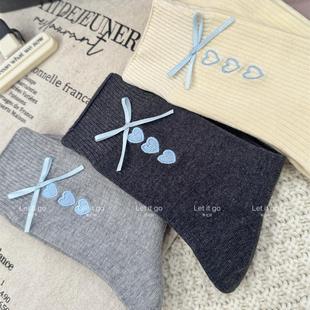 春秋蝴蝶结芭蕾舞风爱心刺绣缪系棉质蓝色外穿ins网红潮袜中筒袜