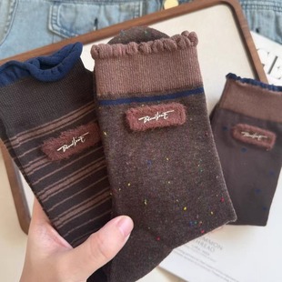 秋冬咖色美拉德色系字母条纹波点花边外穿ins风堆堆袜搭配中筒袜