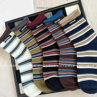 秋复古假两件ins风彩色条纹卷边美式 百搭棉袜撞色休闲字母中筒袜