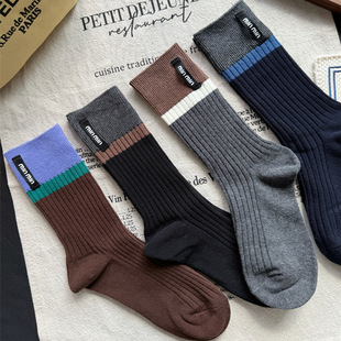 秋冬咖色系美拉德色系拼色洋气字母贴布外穿ins风灰色条纹中筒袜