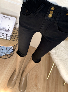 过冬必入！特显瘦洋气纯黑色高腰收腹牛仔裤女加绒修身小脚长裤冬