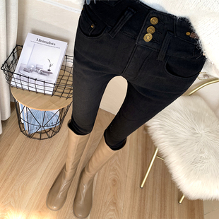 小脚长裤 女加绒修身 冬 特显瘦洋气纯黑色高腰收腹牛仔裤 过冬必入