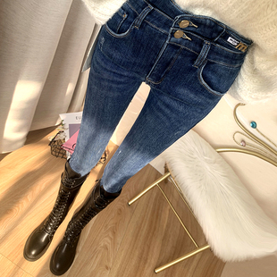 必入深蓝色牛仔裤 冬季 女加绒加厚高腰弹力修身 靴裤 小脚裤 巨显瘦