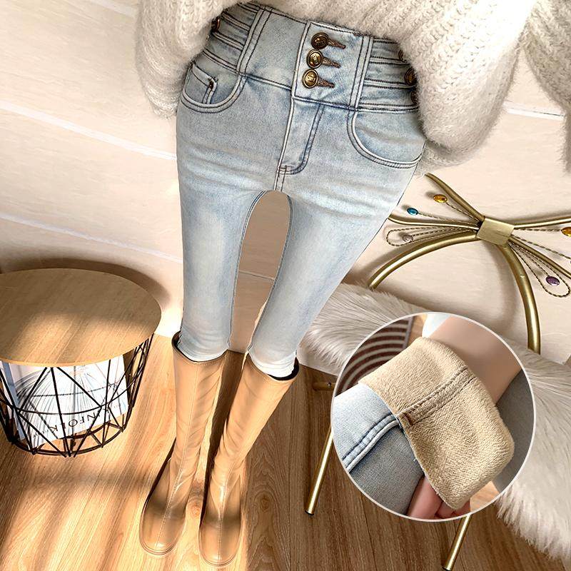 浅蓝高腰排扣加绒加厚小脚长裤冬