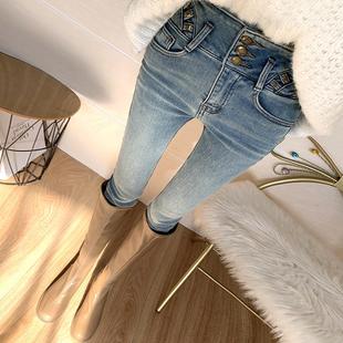 小脚长裤 2024冬新特显瘦洋气浅蓝色高腰收腹牛仔裤 女加厚薄绒修身