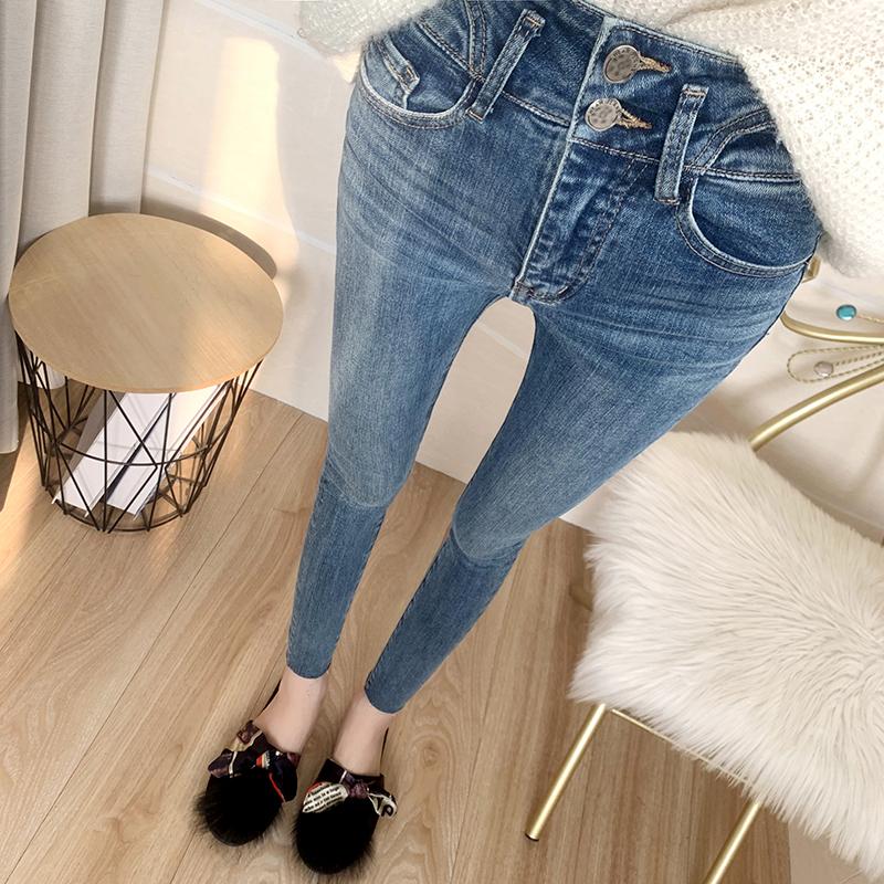 高腰双排扣收腹牛仔裤九分小脚裤