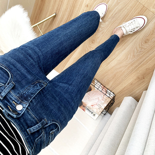 女薄绒紧身九分小脚靴裤 深蓝色高腰收腹牛仔裤 巨显瘦 太好穿了