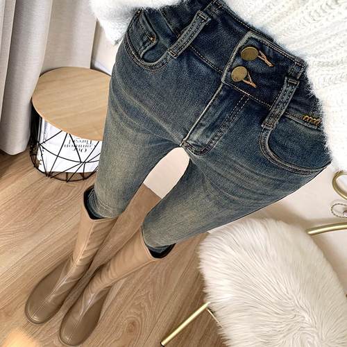 蓝灰色加薄绒高腰牛仔裤铅笔裤冬