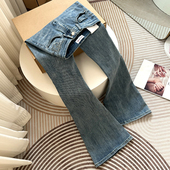 春季 显腿长 女长裤 女韩国东大门刺绣牛仔裤 洋气深蓝色高腰喇叭裤