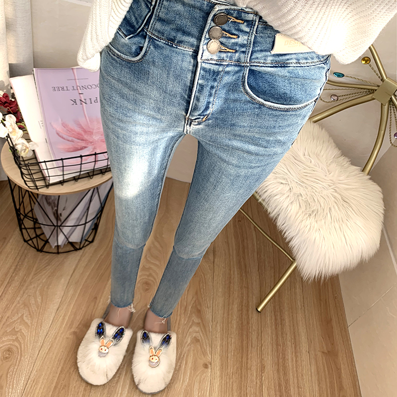 高腰巨显腿长腿精牛仔九分裤