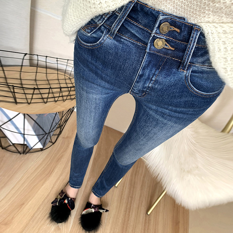 显瘦推荐！深蓝色高腰收腹提臀牛仔裤女长裤百搭紧身弹力小脚靴裤