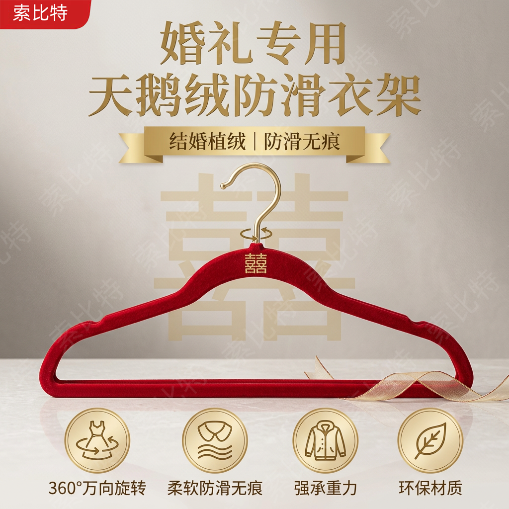 衣架结婚专用一对陪嫁红色婚礼家用挂衣架植绒防滑无痕防肩角卧室