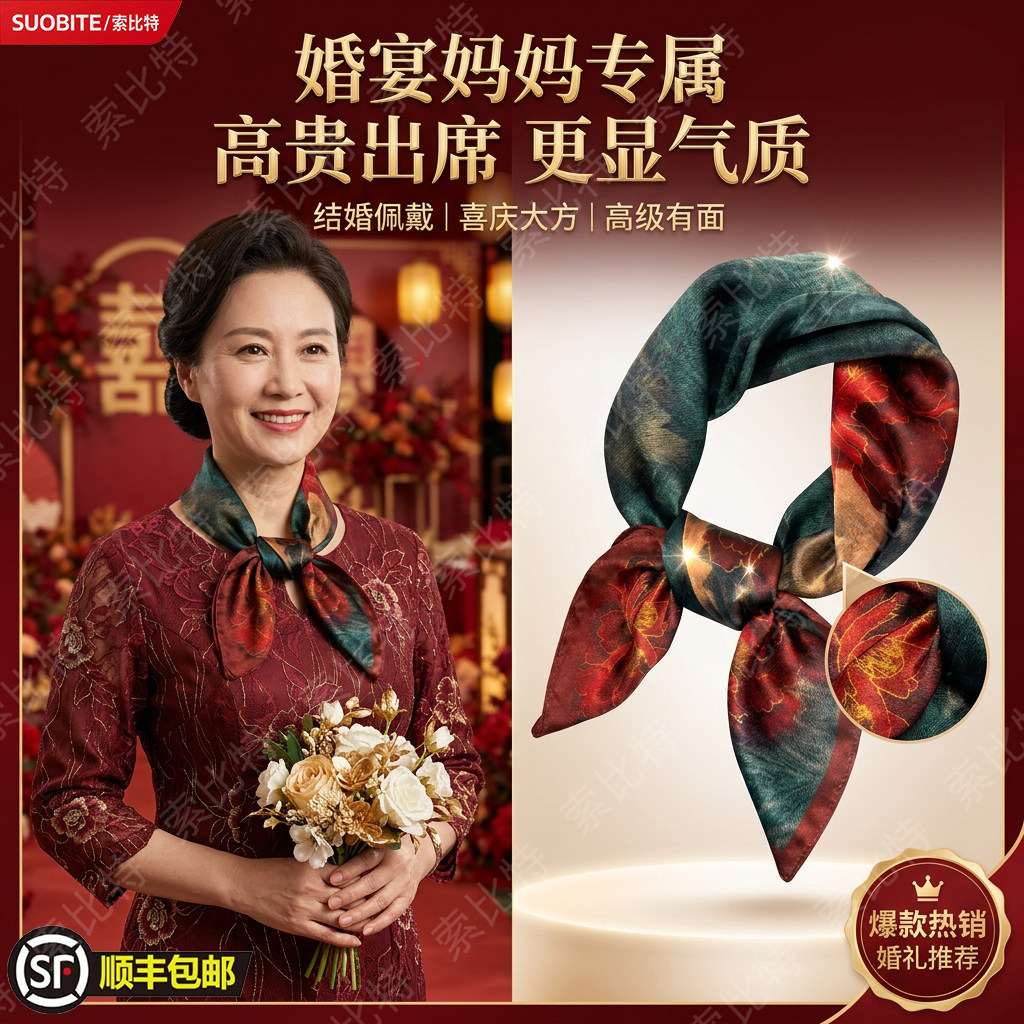 喜妈妈结婚红色真丝丝巾系脖婚礼宴女配礼服妈妈款方巾桑蚕丝围巾