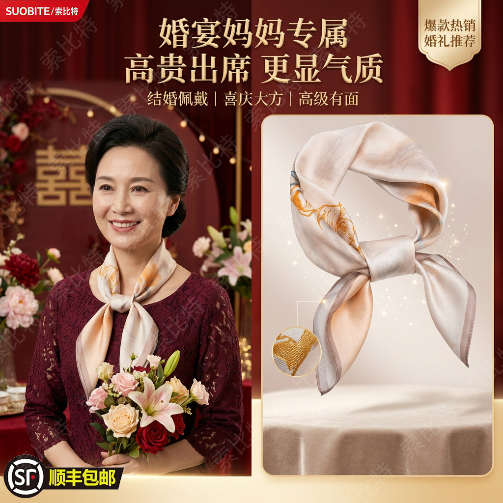 喜妈妈结婚红色真丝丝巾系脖婚礼宴女配礼服妈妈款方巾桑蚕丝围巾