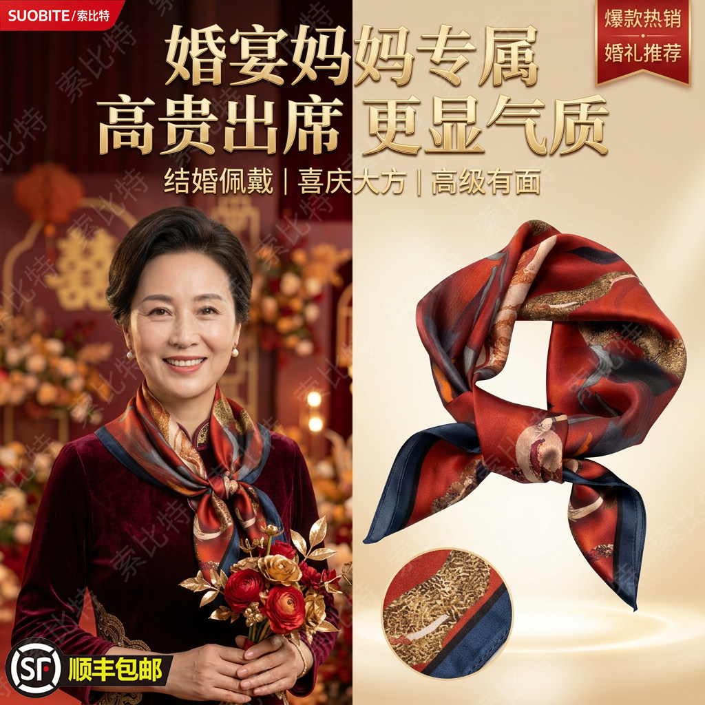喜妈妈结婚红色真丝丝巾系脖婚礼宴女配礼服妈妈款方巾桑蚕丝围巾