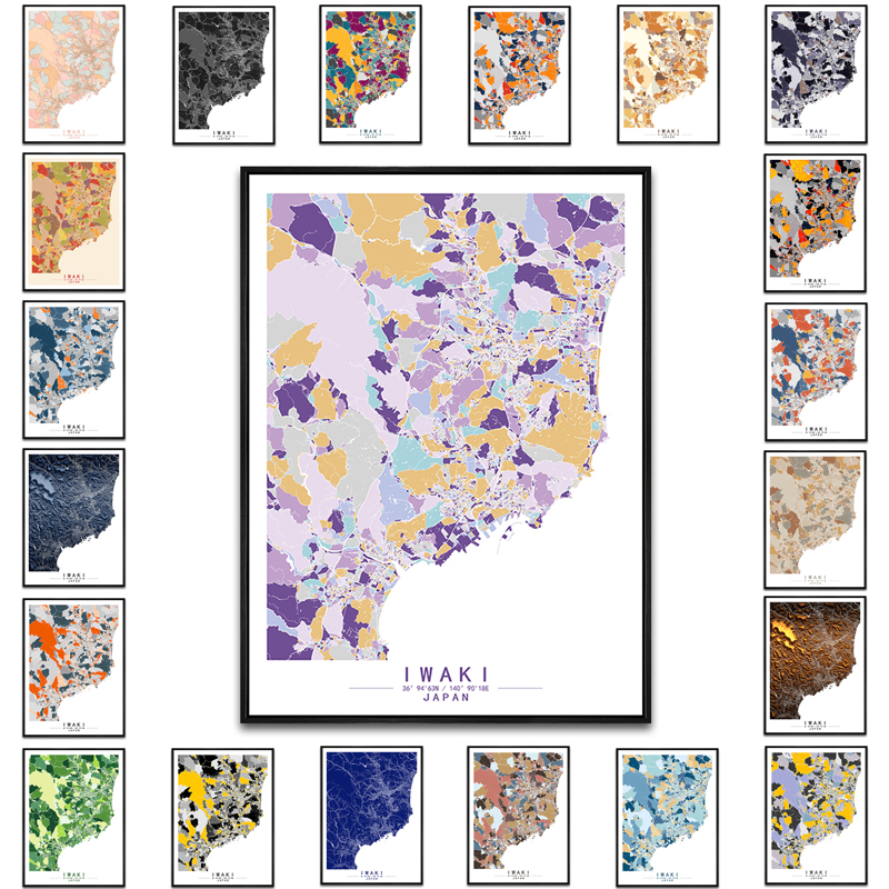 日本磐城艺术抽象彩色城市色块地图装饰画现代餐厅房间办公室挂画图片
