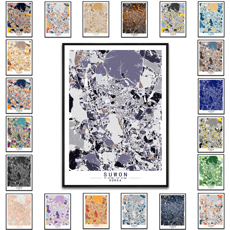 韩国水原艺术抽象城市彩色色块地图装饰画现代餐厅房间办公室挂画