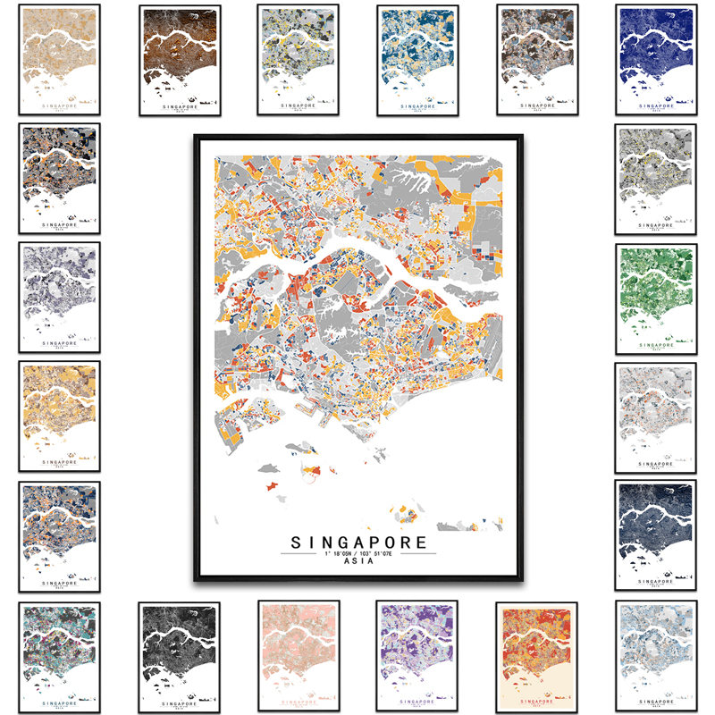 新加坡艺术抽象城市彩色色块地图装饰画现代餐厅房间办公室挂画图片