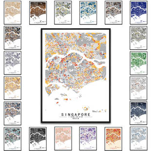 新加坡艺术抽象城市彩色色块地图装饰画现代餐厅房间办公室挂画