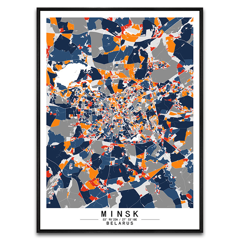 白俄罗斯 明思克 艺术抽象城市彩色地图装饰画现代落地画餐厅挂画