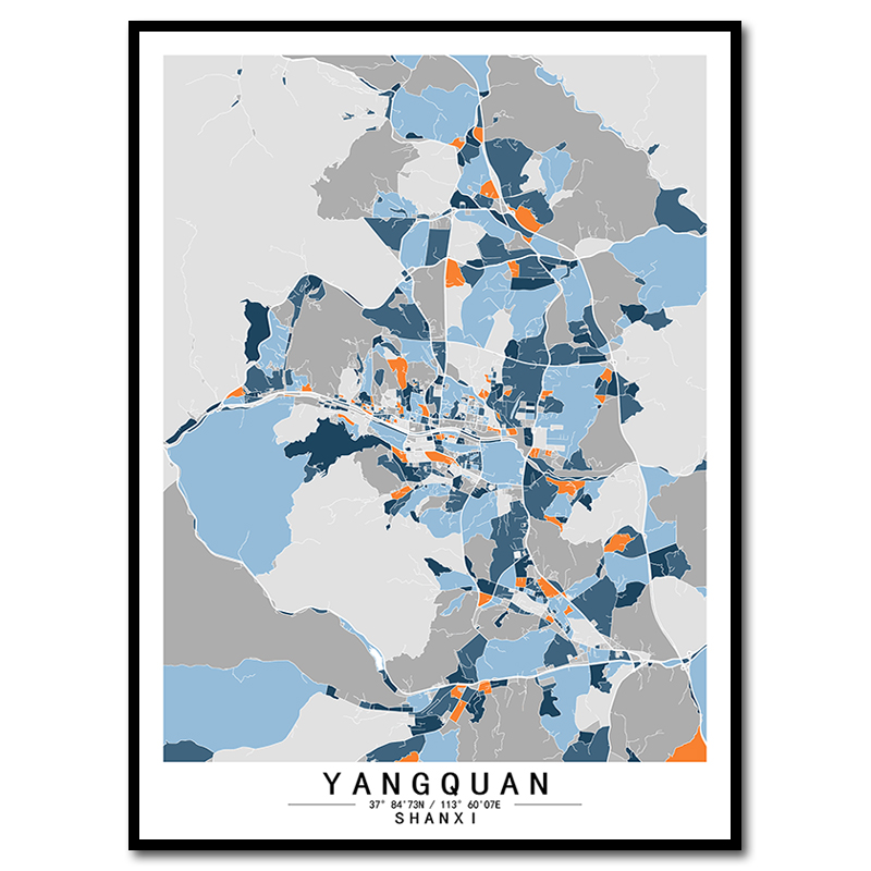 山西阳泉城市地图挂画彩色色块简欧客厅背景装饰画玄关创意艺术画图片