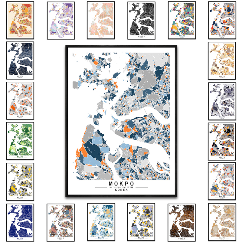 韩国木浦艺术抽象城市彩色色块地图装饰画现代餐厅书房办公室挂画图片