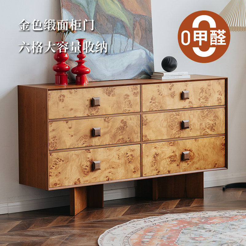 中古风六斗柜柚木饰面客厅收纳柜树瘤皮玄关柜卧室床尾柜复古五斗
