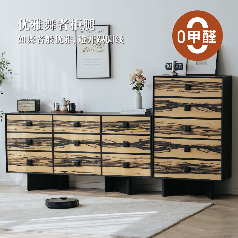 樱桃房间侘寂风餐边柜黑白檀饰面中古风收纳柜中式水墨储物柜餐厅