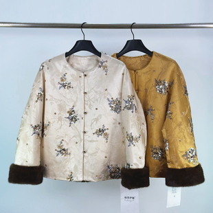 1773新中式 毛白鸭绒上衣 国风重工刺绣亮片羽绒服服女冬复古水貂袖