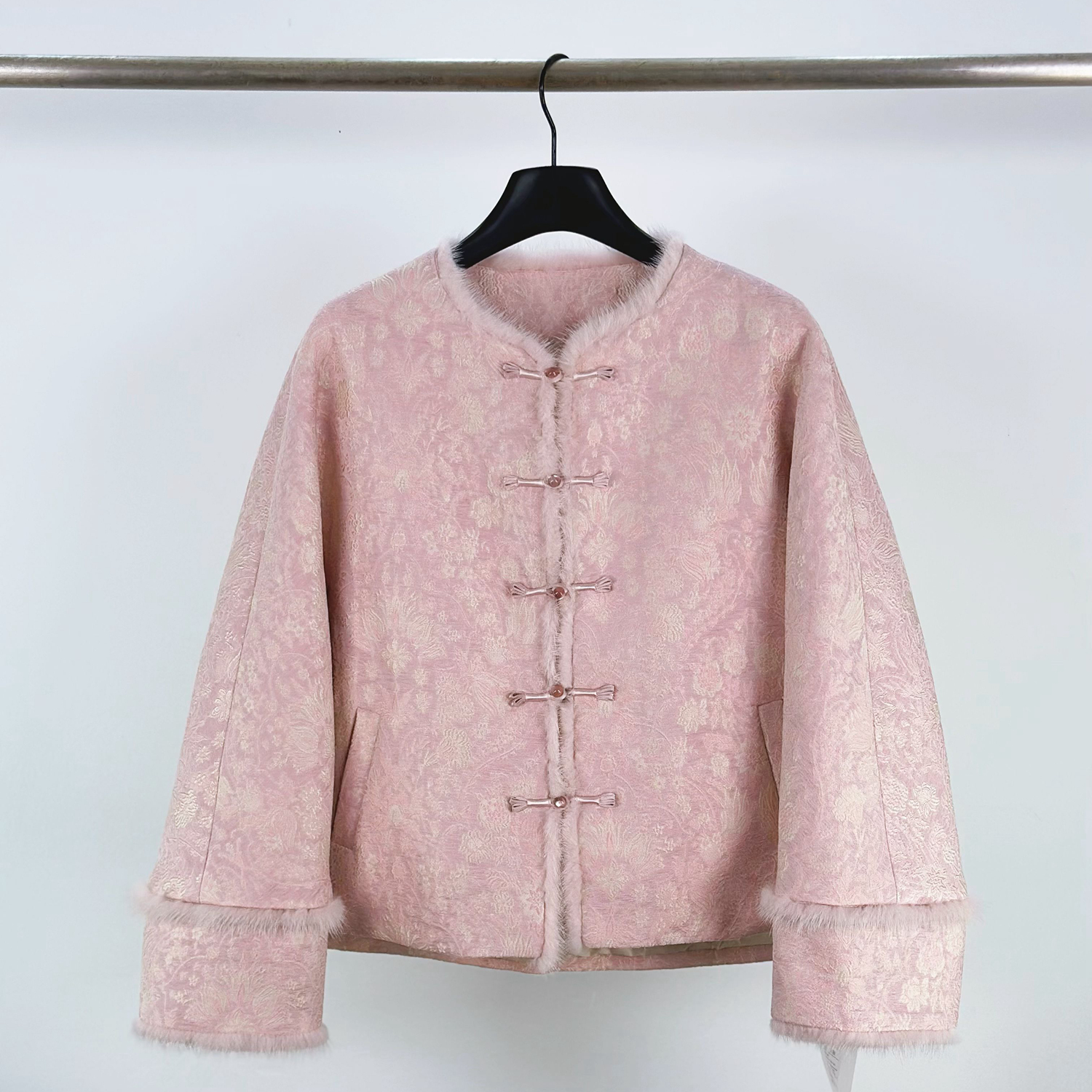 6786羽绒内胆水貂毛羽绒服外套女新中式国风缎面盘扣改良唐装上衣